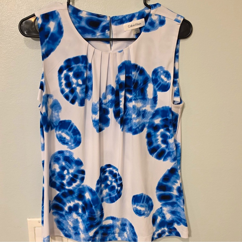 Calvin Klein White Blue Tie-Dye Pleated Knit Stretch Tank Top Size M #370